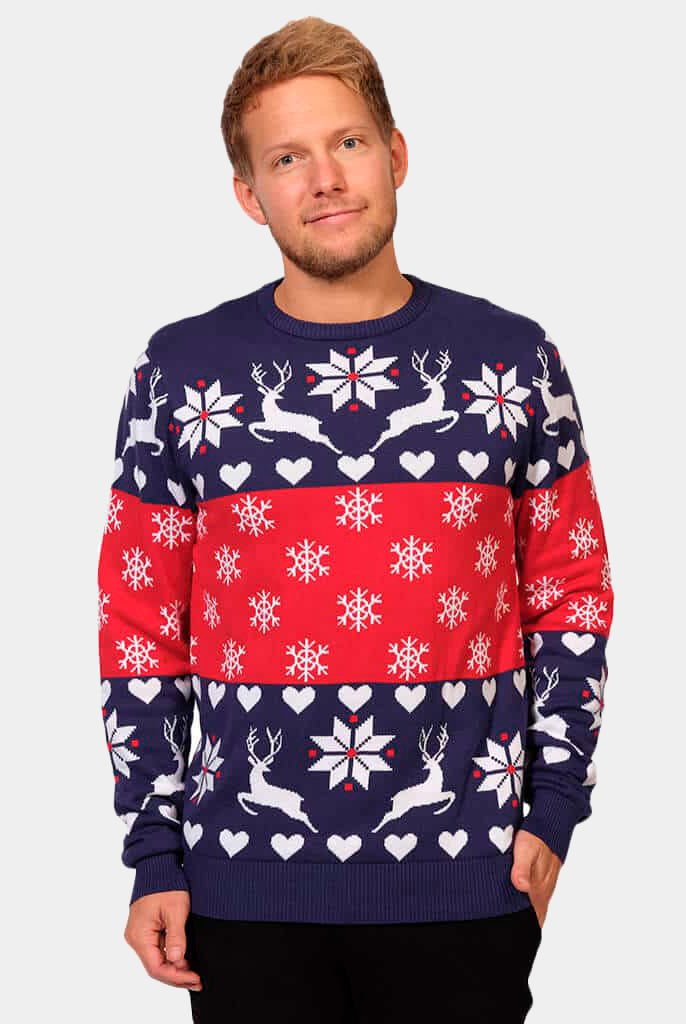 Camisola de Natal para Família Renas Corações Azul e Vermelha Homem