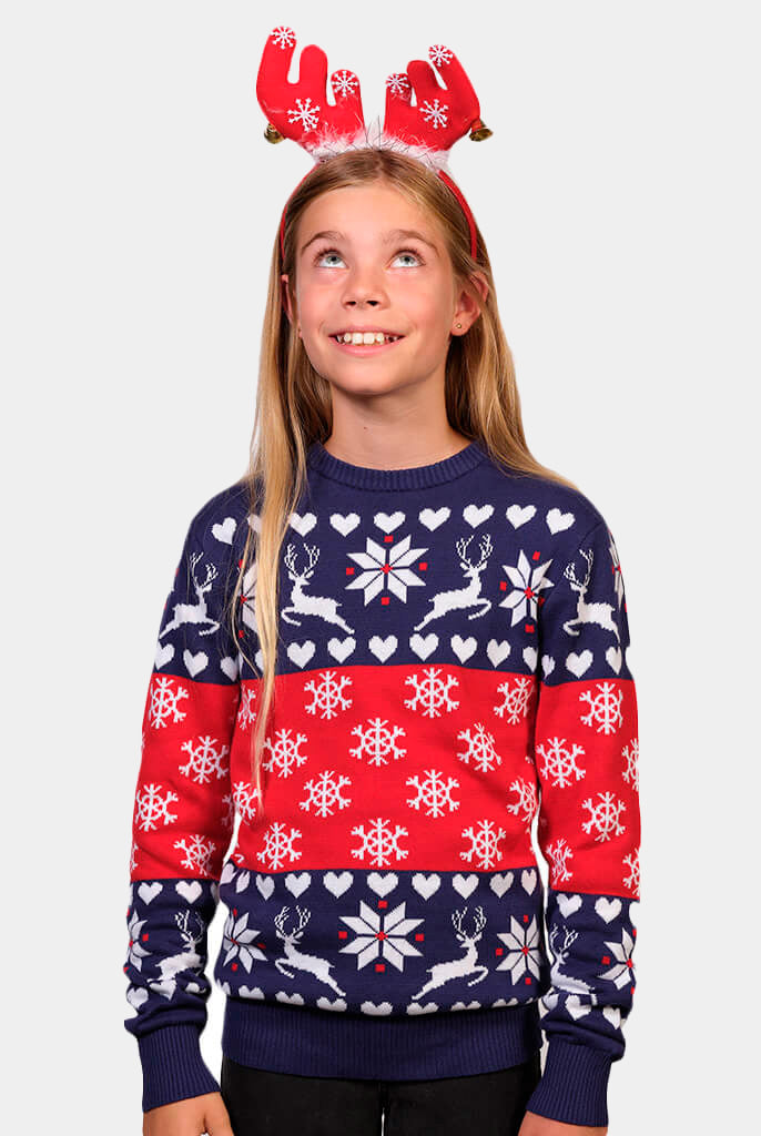 Camisola de Natal para Família Renas Corações Azul e Vermelha Menina