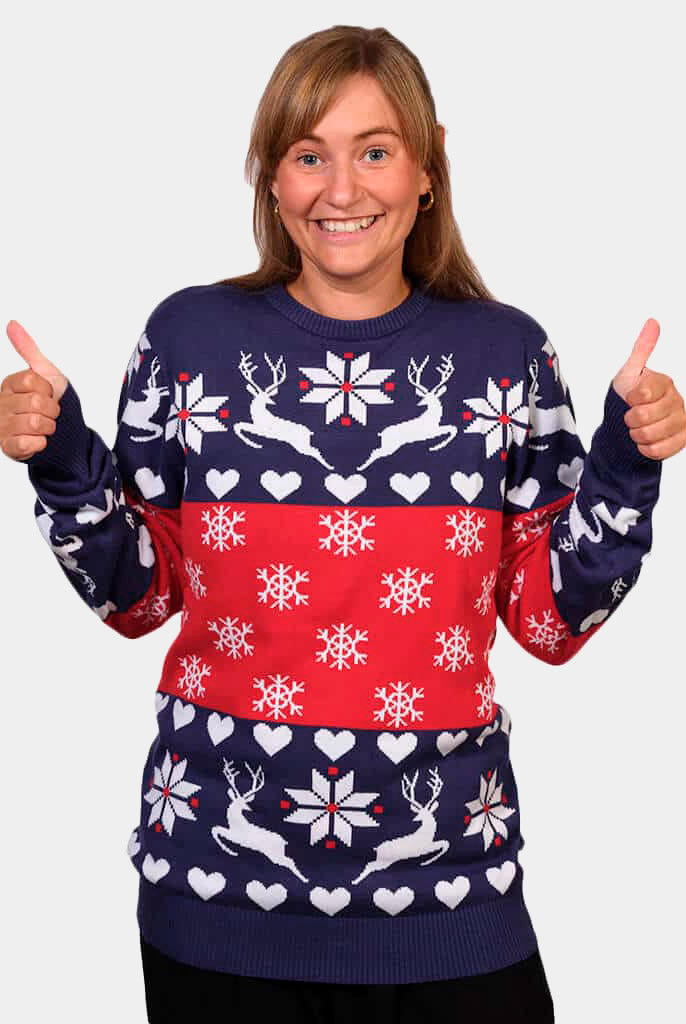 Camisola de Natal para Família Renas Corações Azul e Vermelha Mulher