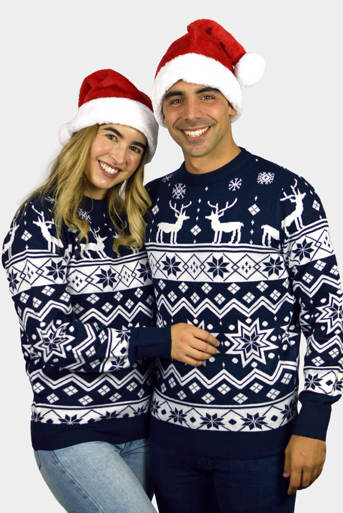 Camisola de Natal para Família com Renas e Estrelas Azul Nordic casal