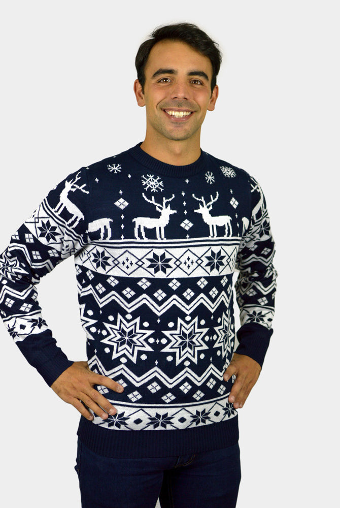 Camisola de Natal para Família com Renas e Estrelas Azul Nordic homem