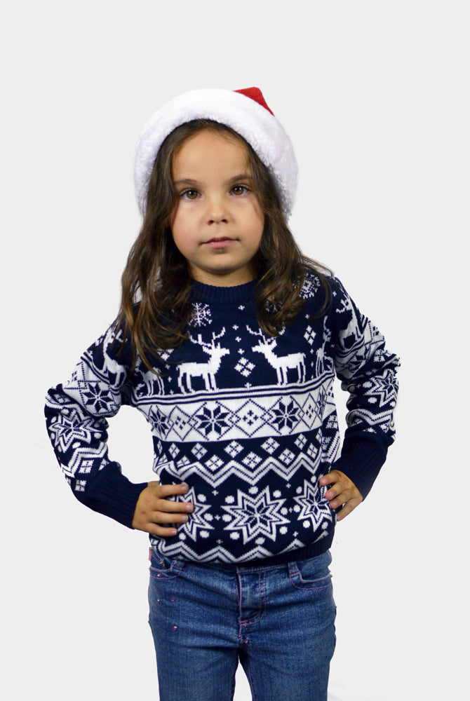Camisola de Natal para Família com Renas e Estrelas Azul Nordic Menina