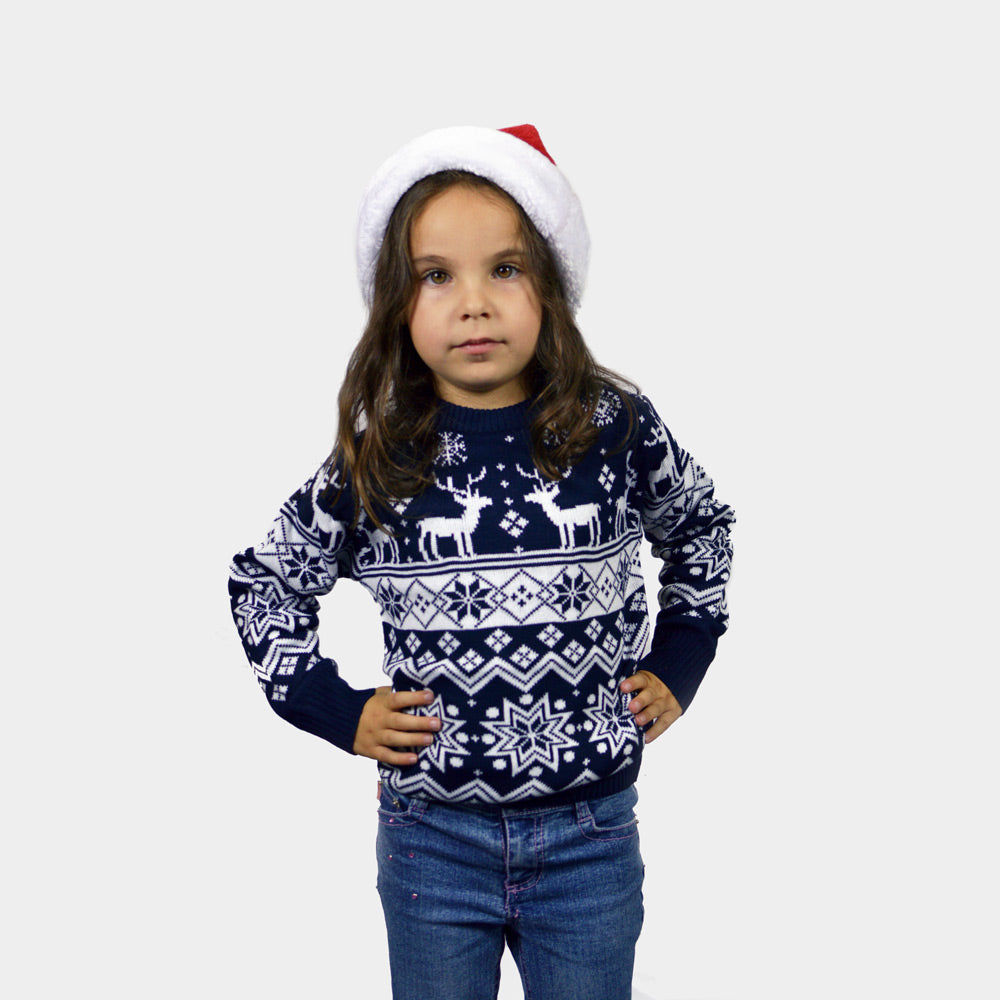 Camisola de Natal para Família com Renas e Estrelas Azul Nordic Menina