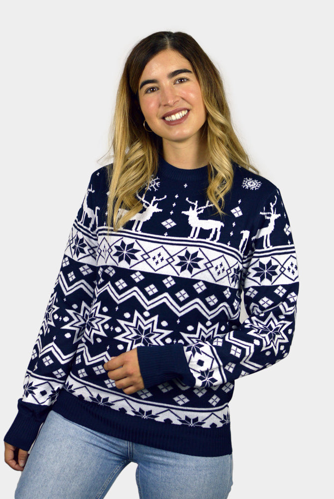 Camisola de Natal para Família com Renas e Estrelas Azul Nordic Mulher