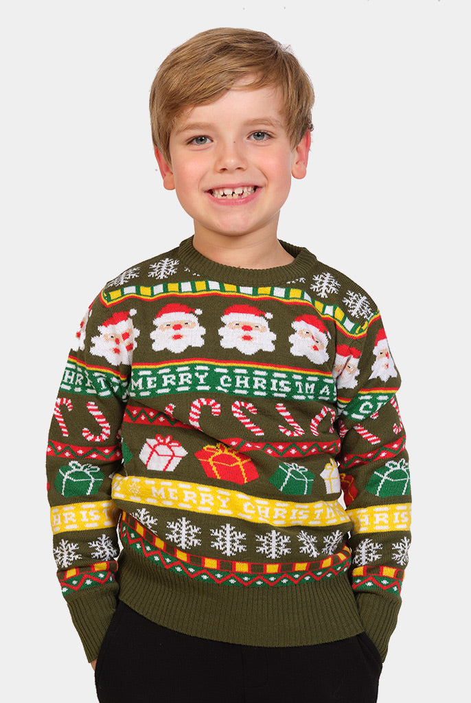 Camisola de Natal para Família Verde Pai Natal e Presentes Menino