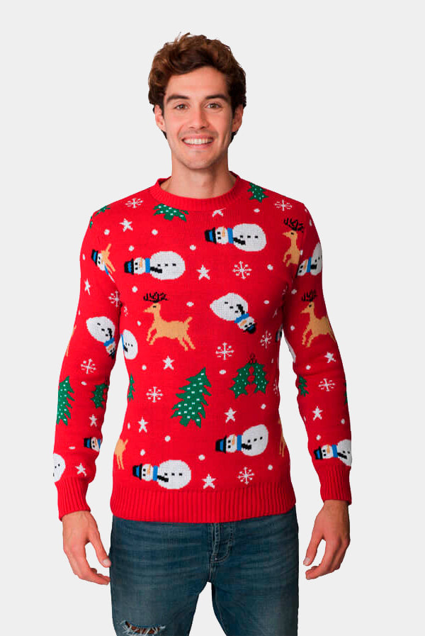 Camisola de Natal Vermelha com Bonecas, Renas e Árvores homem
