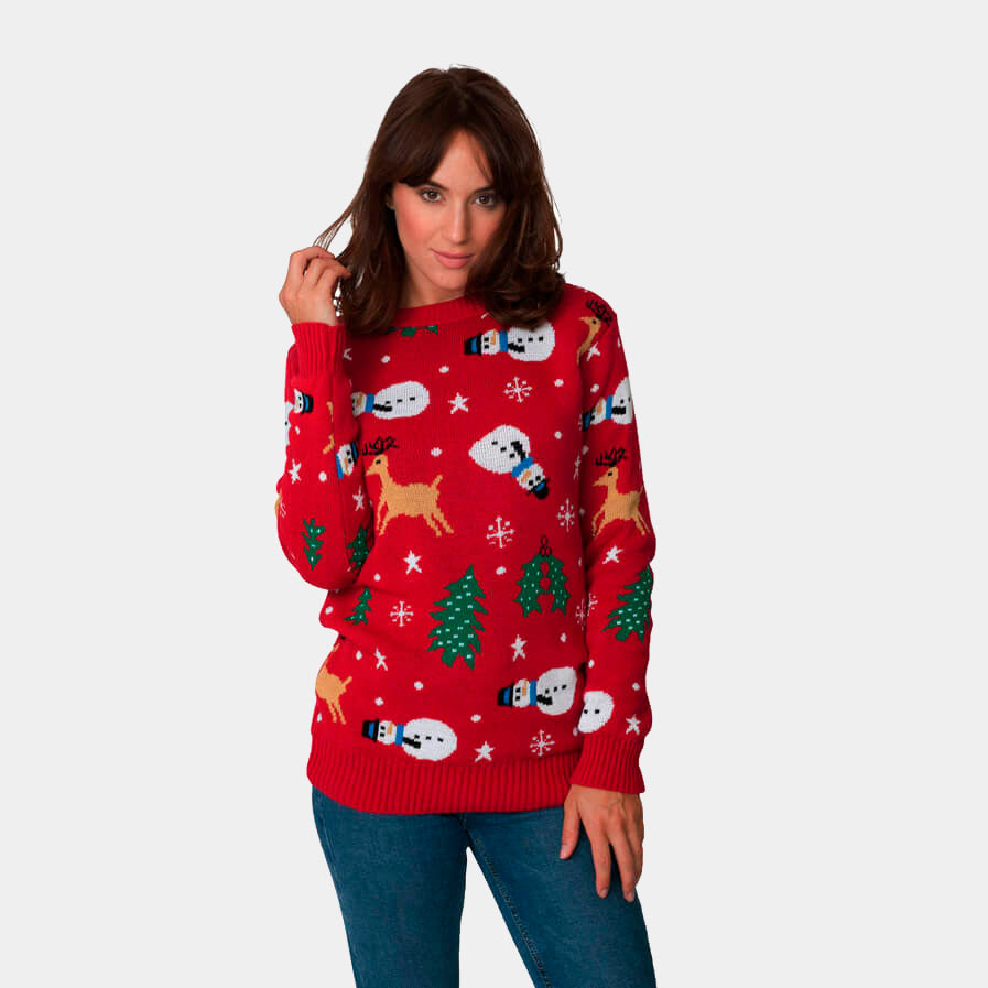 Camisola de Natal Vermelha com Bonecas, Renas e Árvores mulher