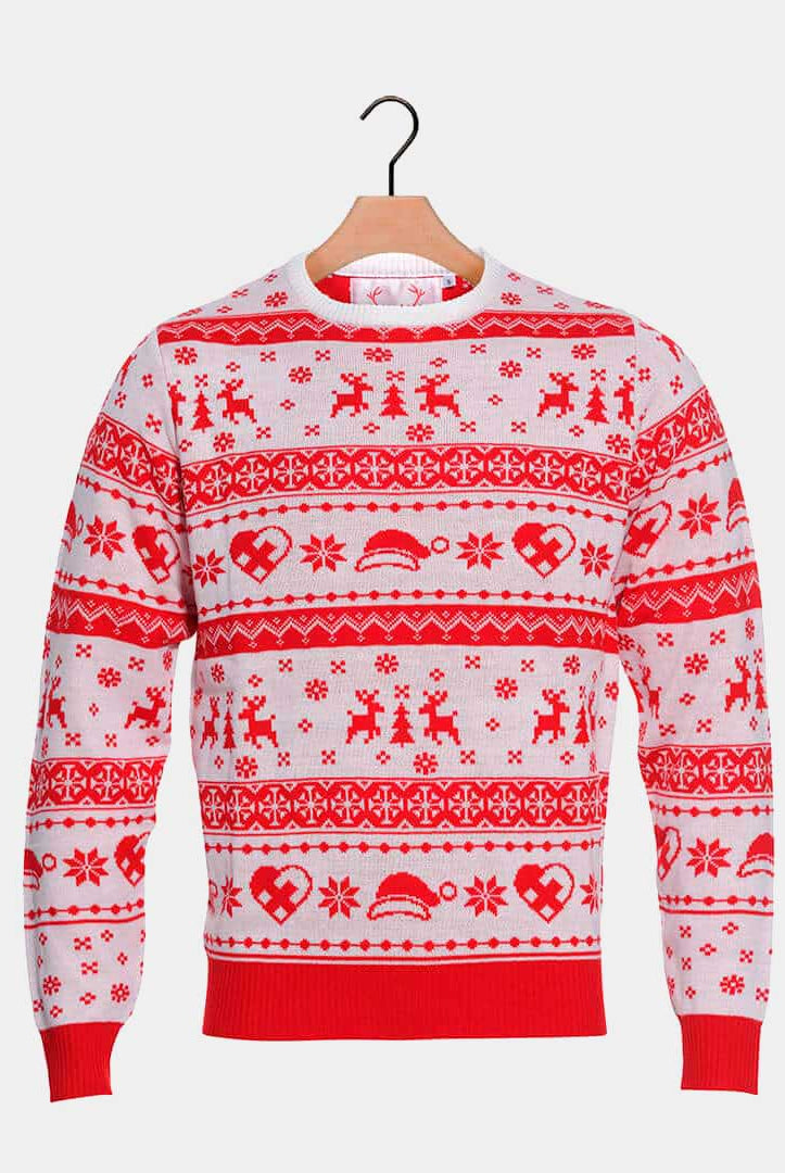 Camisola de Natal Vermelha e Branca com Renas e Corações