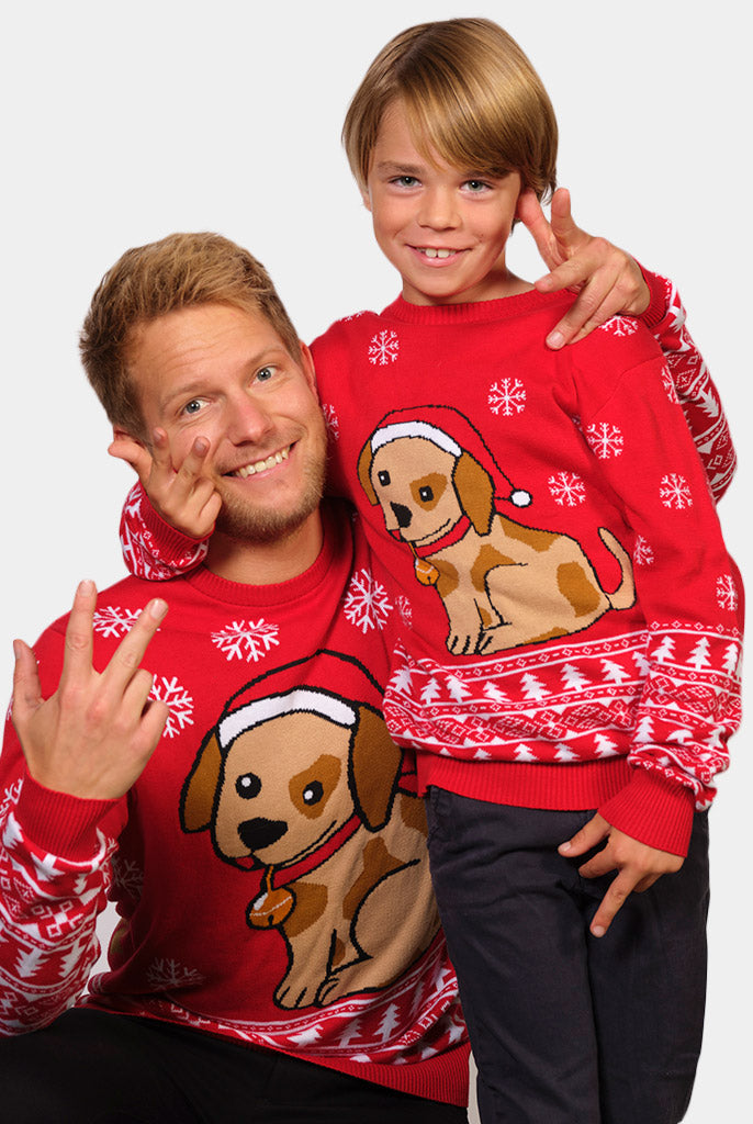 Camisola de Natal para Família Vermelha com Cachorrinho Menino e Homem