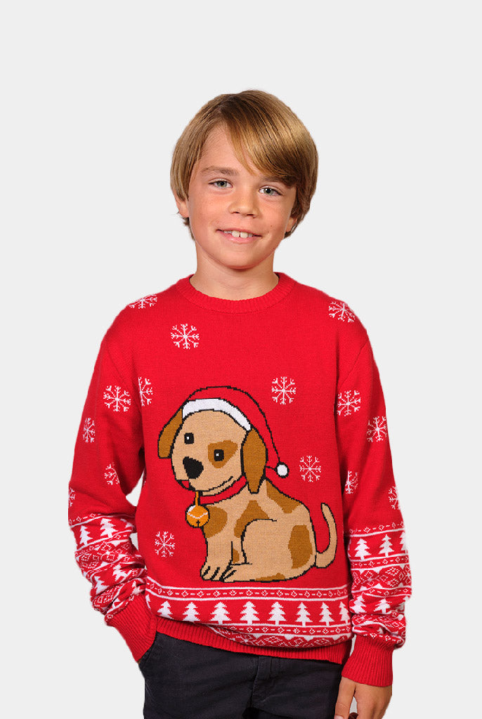 Camisola de Natal para Família Vermelha com Cachorrinho Menino
