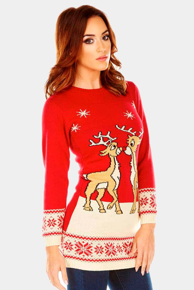 Camisola de Natal Vermelha Rena Mulheres Vestido com Bebé