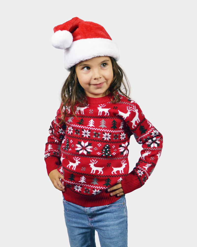 Camisola de Natal para Menina e Menino Vermelha com Renas, Árvores e Estrela Polar Menina