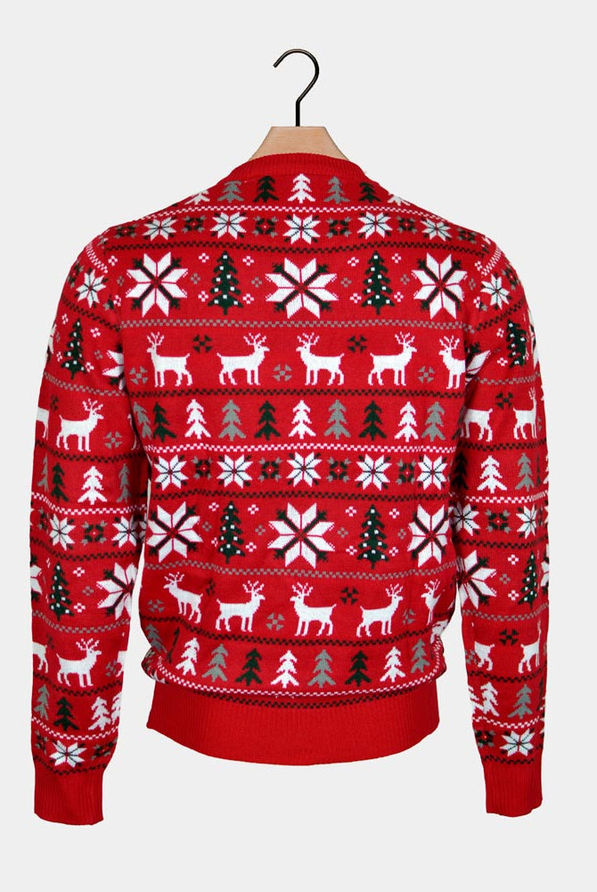 Camisola de Natal para Família Vermelha com Renas, Árvores e Estrela Polar Costas