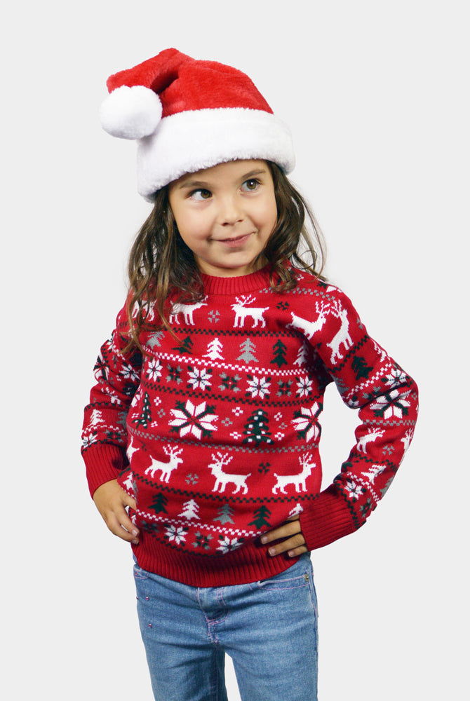 Camisola de Natal para Família Vermelha com Renas, Árvores e Estrela Polar Crianças