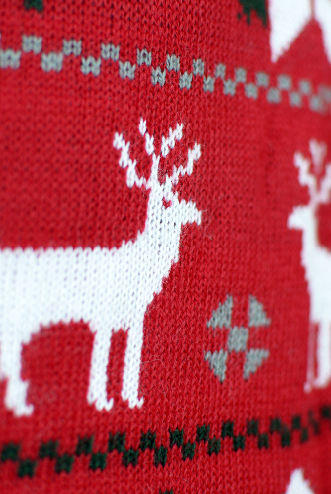 Camisola de Natal para Família Vermelha com Renas, Árvores e Estrela Polar Detalhe Rena