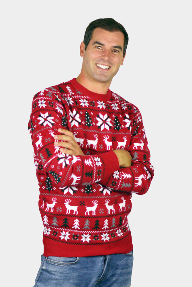 Camisola de Natal para Família Vermelha com Renas, Árvores e Estrela Polar Homem