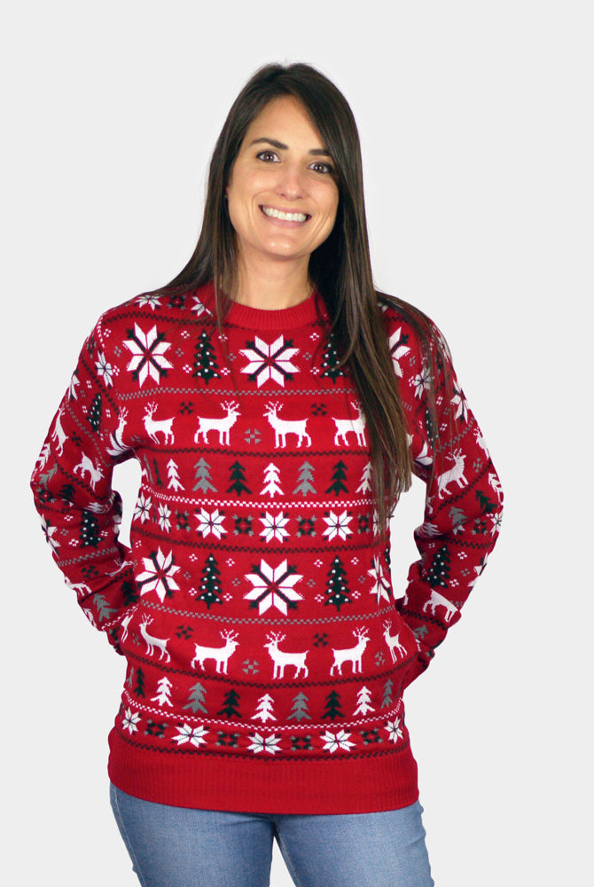 Camisola de Natal Mulher para Família Vermelha com Renas, Árvores e Estrela Polar