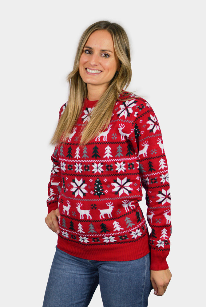 Camisola de Natal para Família Vermelha com Renas, Árvores e Estrela Polar Mulher