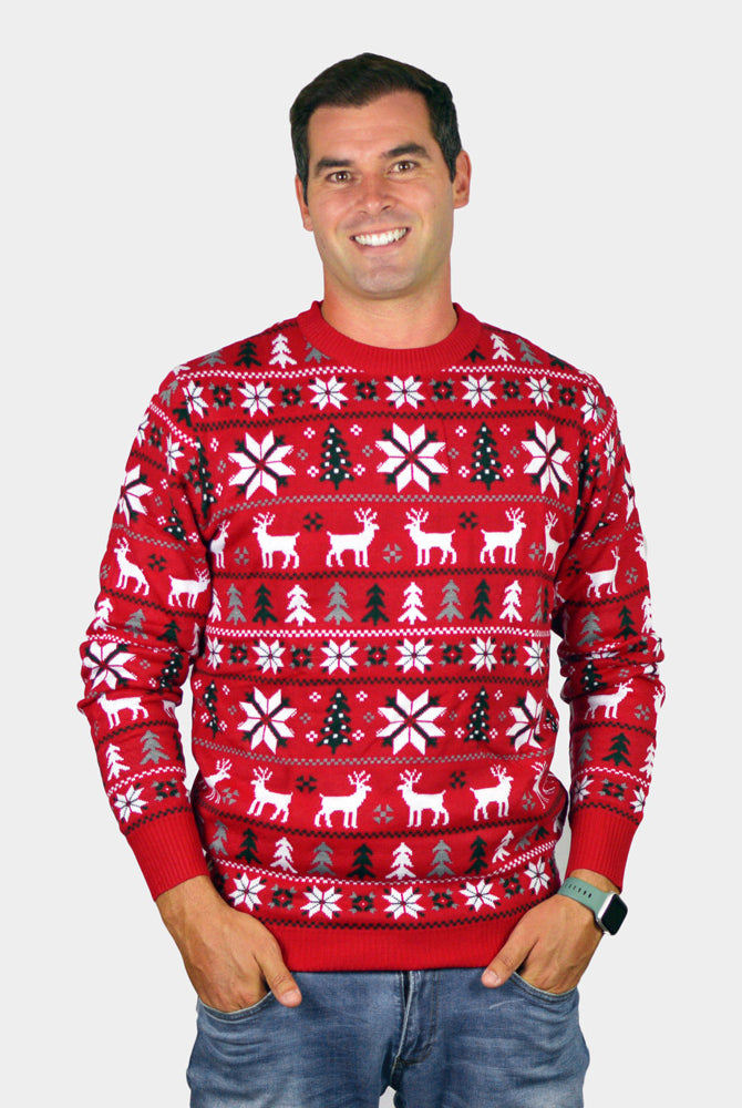 Camisola de Natal Vermelha com Renas, Árvores e Estrela Polar Homem