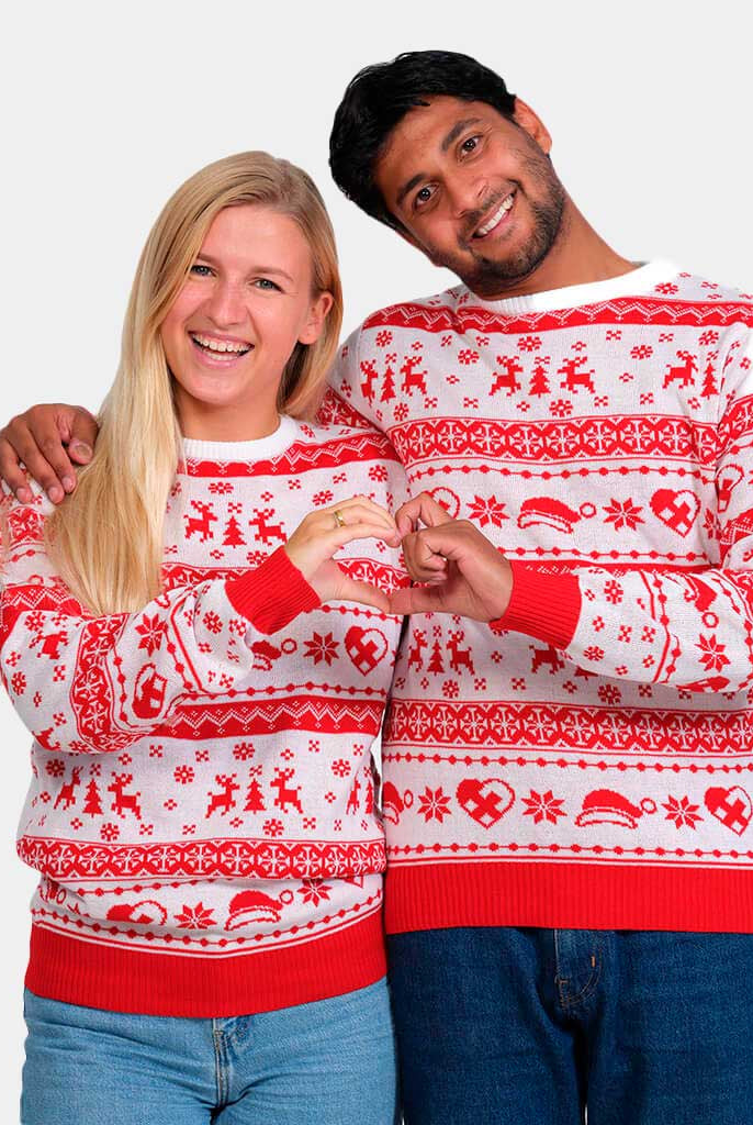 Camisola de Natal Vermelha e Branca com Renas e Corações Casal