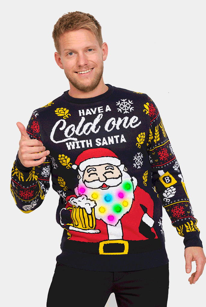 Camisola de Natal com Luzes LED Pai Natal com Cerveja Homem