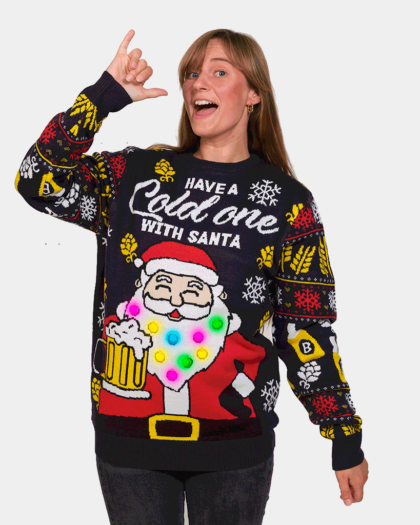 Camisola de Natal com Luzes LED Pai Natal com Cerveja Mulher