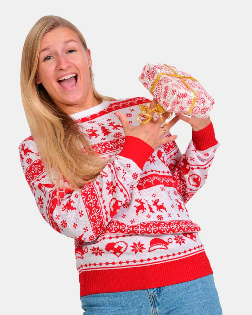 Camisola de Natal Vermelha e Branca com Renas e Corações Mulher