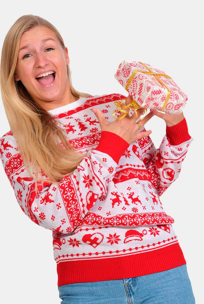 Camisola de Natal Vermelha e Branca com Renas e Corações Mulher