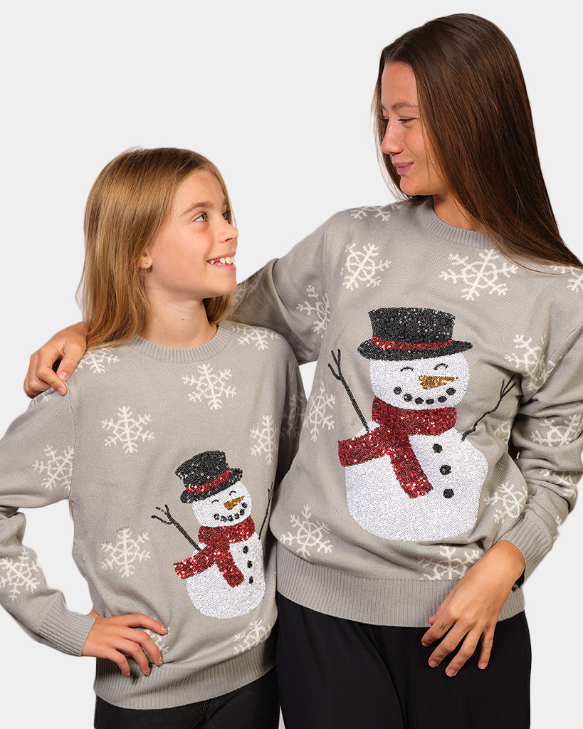 Camisola de Natal Cinza com Boneco de Neve Mulher e Menina