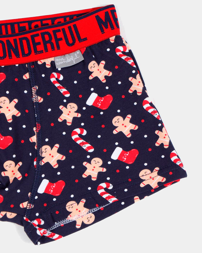 Boxer de Natal para Menino Azul Mr Wonderful com Biscoitos e Bastões
