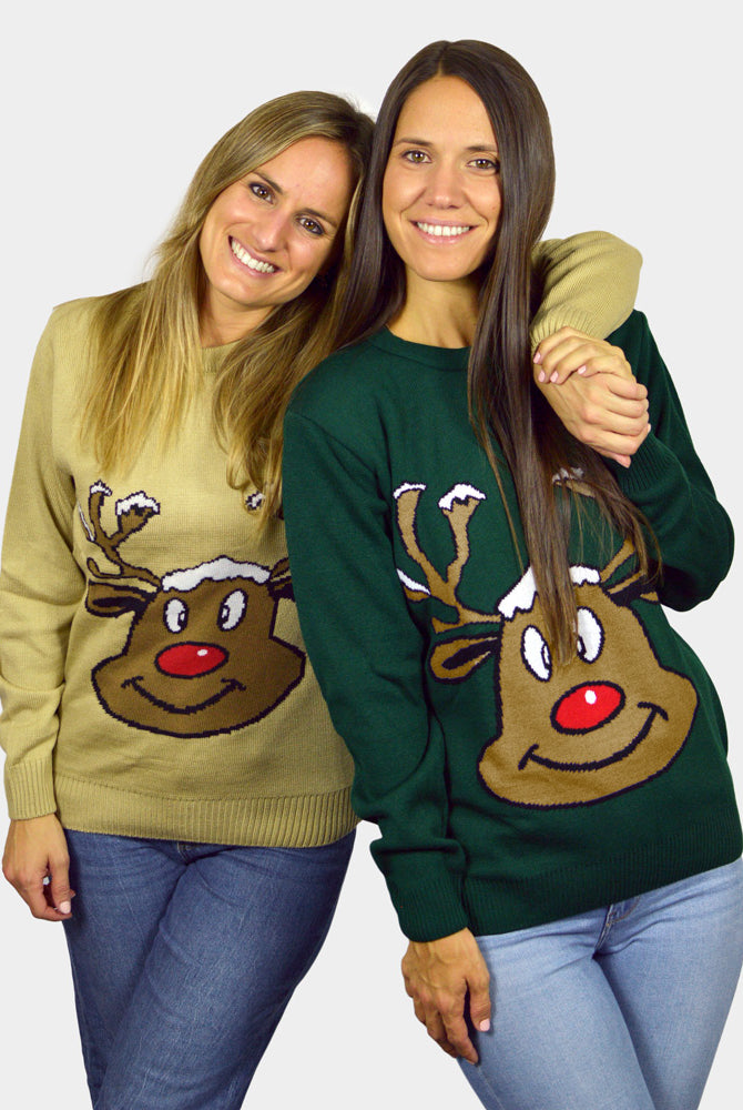 Mulheres Camisola de Natal para Família Bege com Rena Sorridente