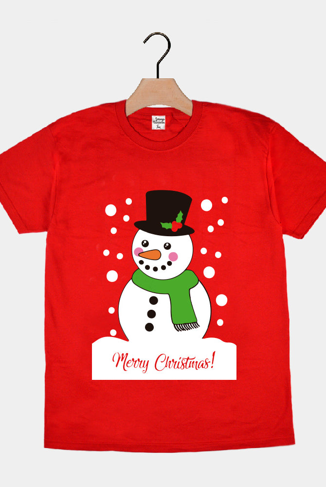T-shirt de Natal Vermelha com Boneco de neve