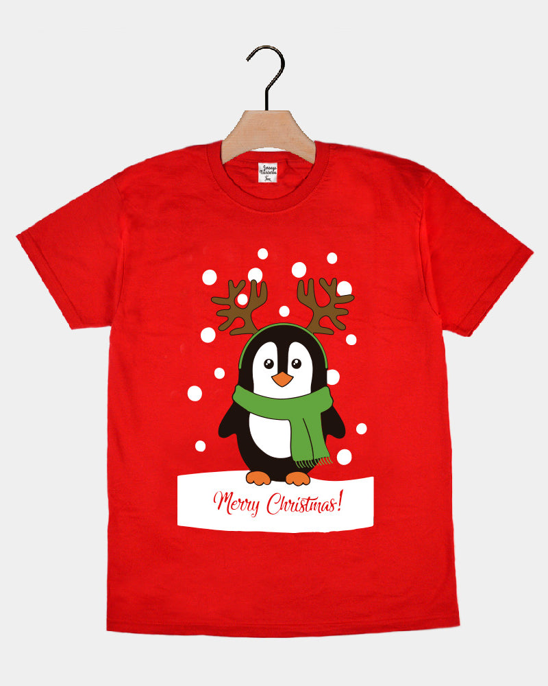 T-Shirt de Natal Vermelha com Pinguim