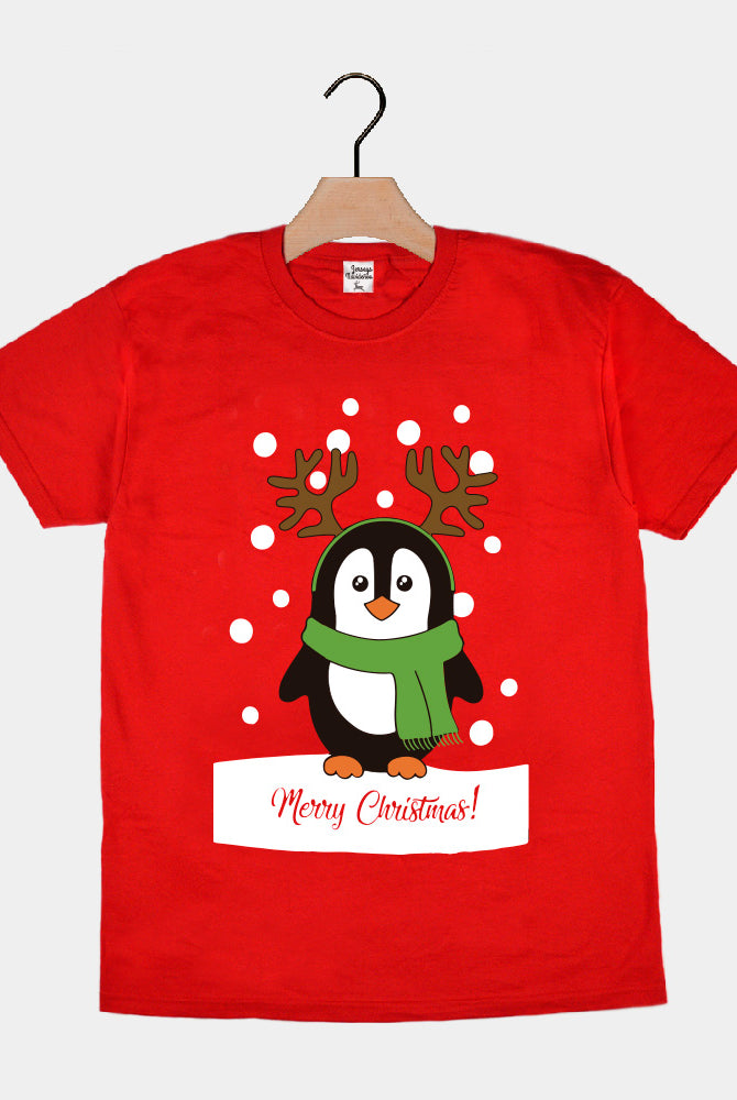 T-Shirt de Natal Vermelha com Pinguim