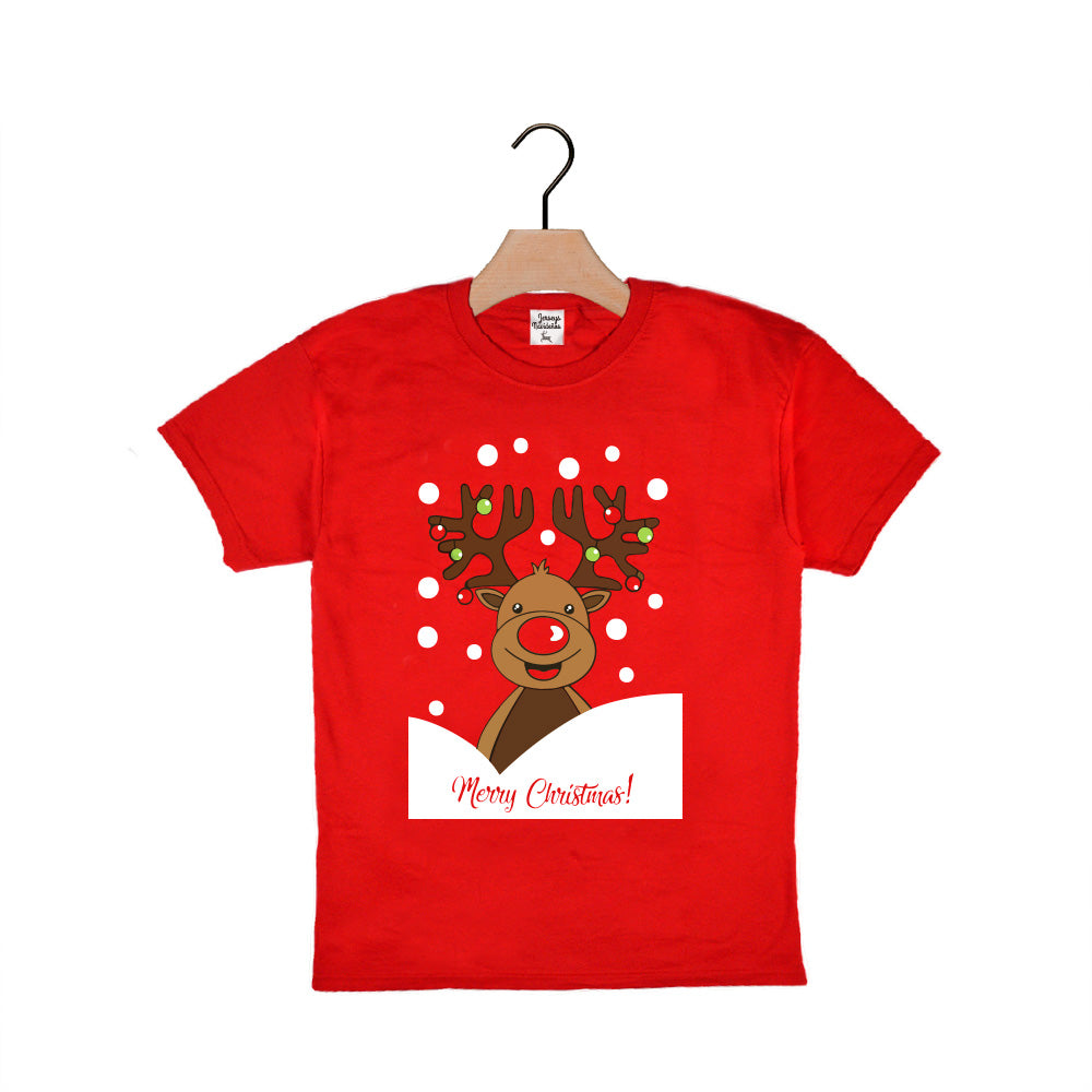 T-shirt de Natal Vermelha para Crianças Rena Rudolph
