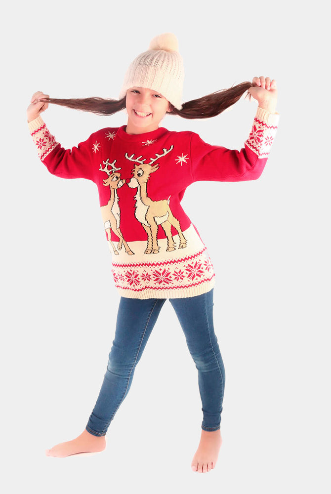 Camisola de Natal Vermelha para Menina com Bebé Rena