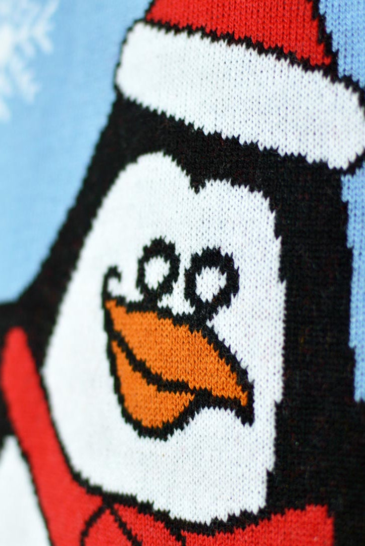 Camisola de Natal Azul Claro para Família com Pinguim Detalhe