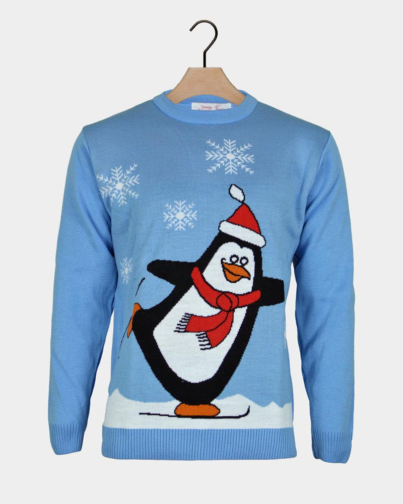 Camisola de Natal Azul Claro para Família com Pinguim