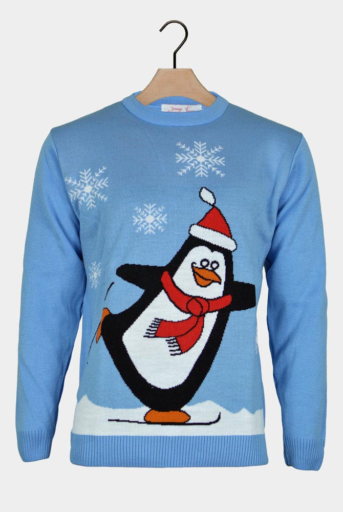 Camisola de Natal Azul Claro para Família com Pinguim