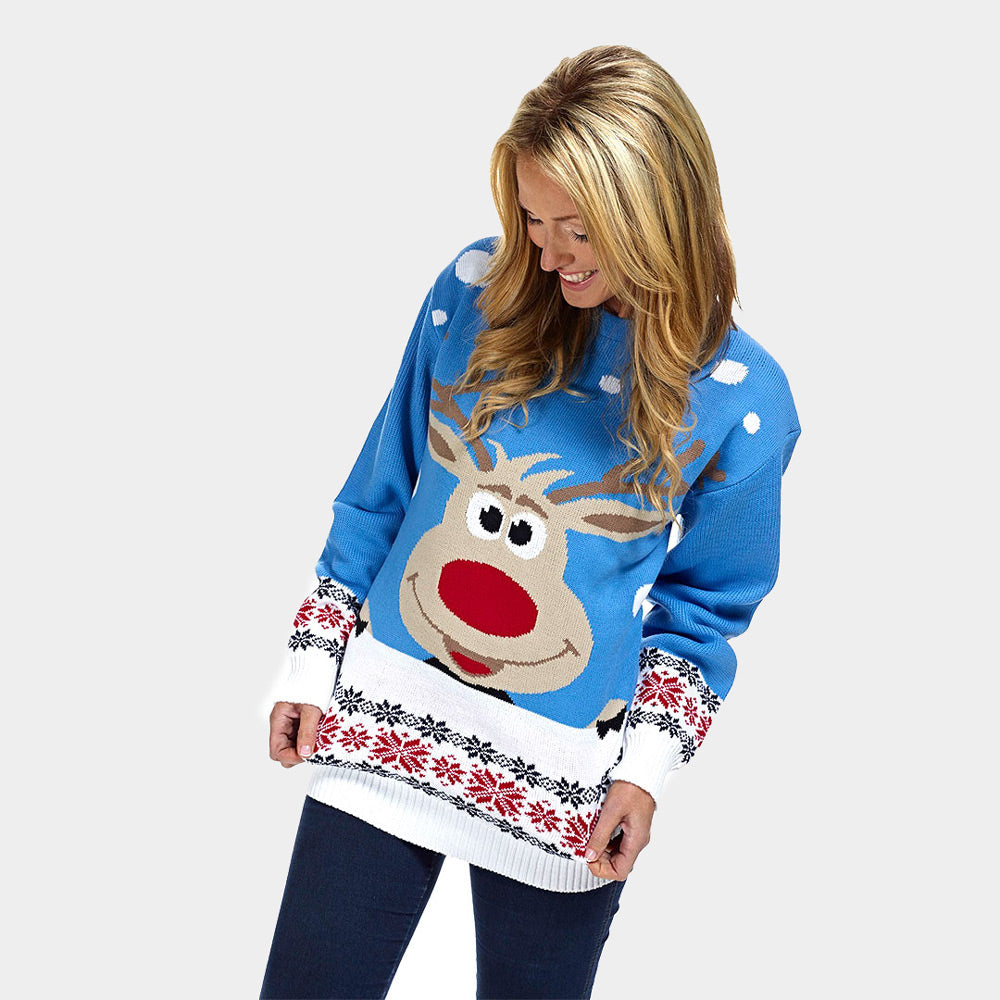 Camisola de Natal Azul Claro com Rena e Neve Mulher