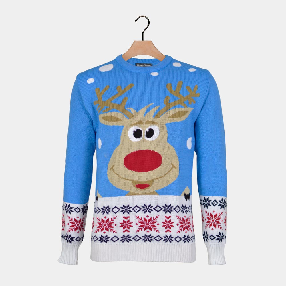 Camisola de Natal Azul Claro com Rena e Neve