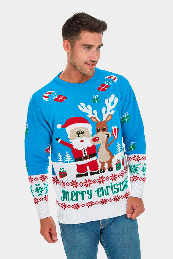 Camisola de Natal Azul Claro com Rena e Pai Natal Homem