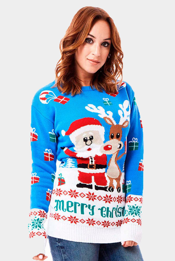 Camisola de Natal Azul Claro com Rena e Pai Natal Mulher