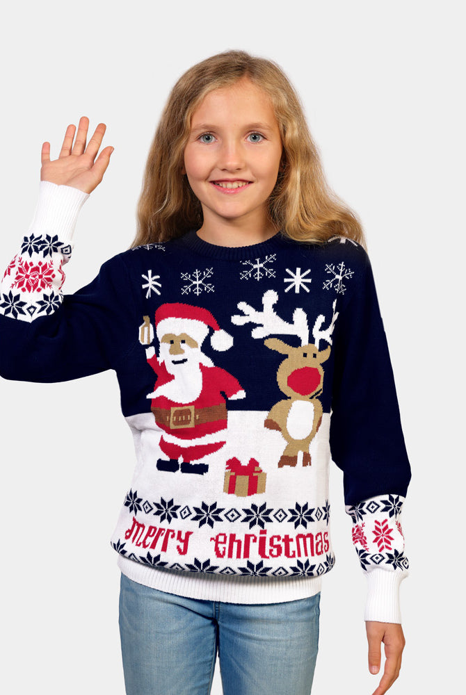 Camisola de Natal Azul para Menina e Menino Pai Natal e Rena Rudolph Menina