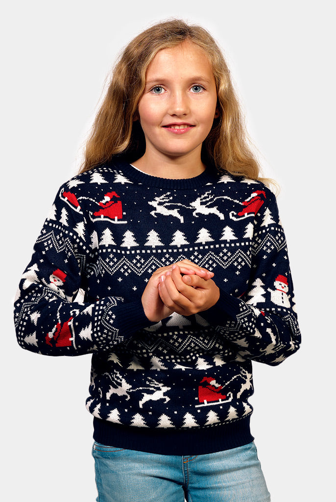 Camisola de Natal Azul para Família Árvores, Bonecos e Pai Natal Algodão Orgânico menina