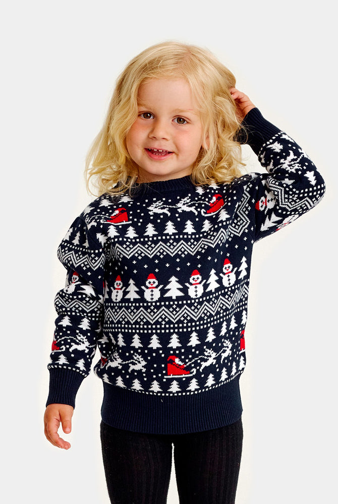 Camisola de Natal Azul para Família Árvores, Bonecos e Pai Natal Algodão Orgânico menina