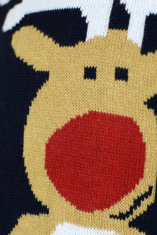 Camisola de Natal Azul para Família Pai Natal e Rena Rudolph Detalhe