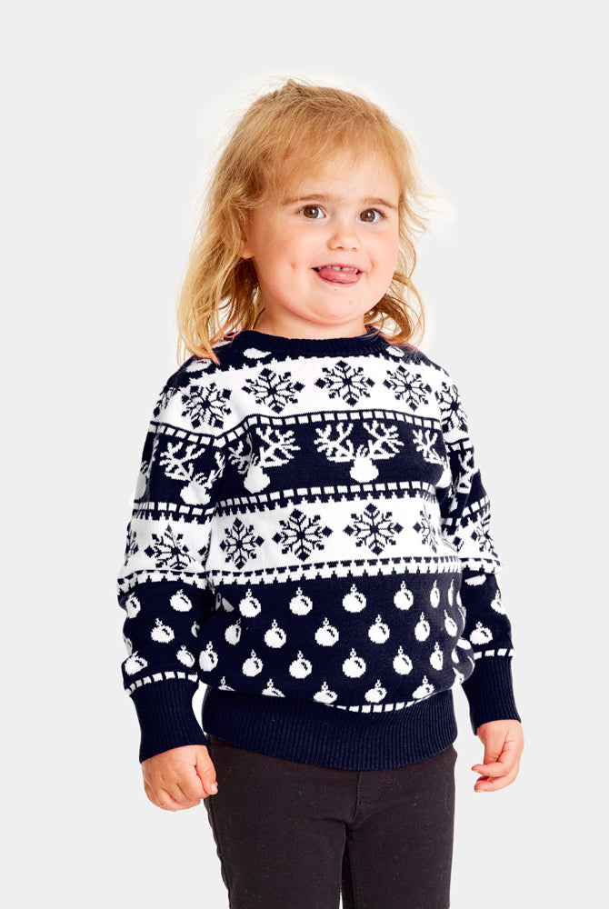 Camisola de Natal Azul para Família com Renas e Neve Crianças
