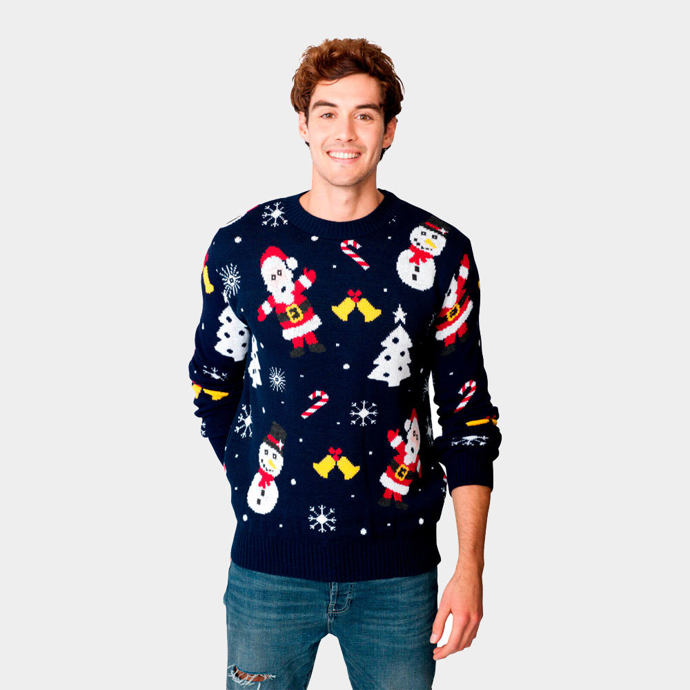 Camisola de Natal Azul Marinho com Pai Natal e Bonecos de Neve Homem