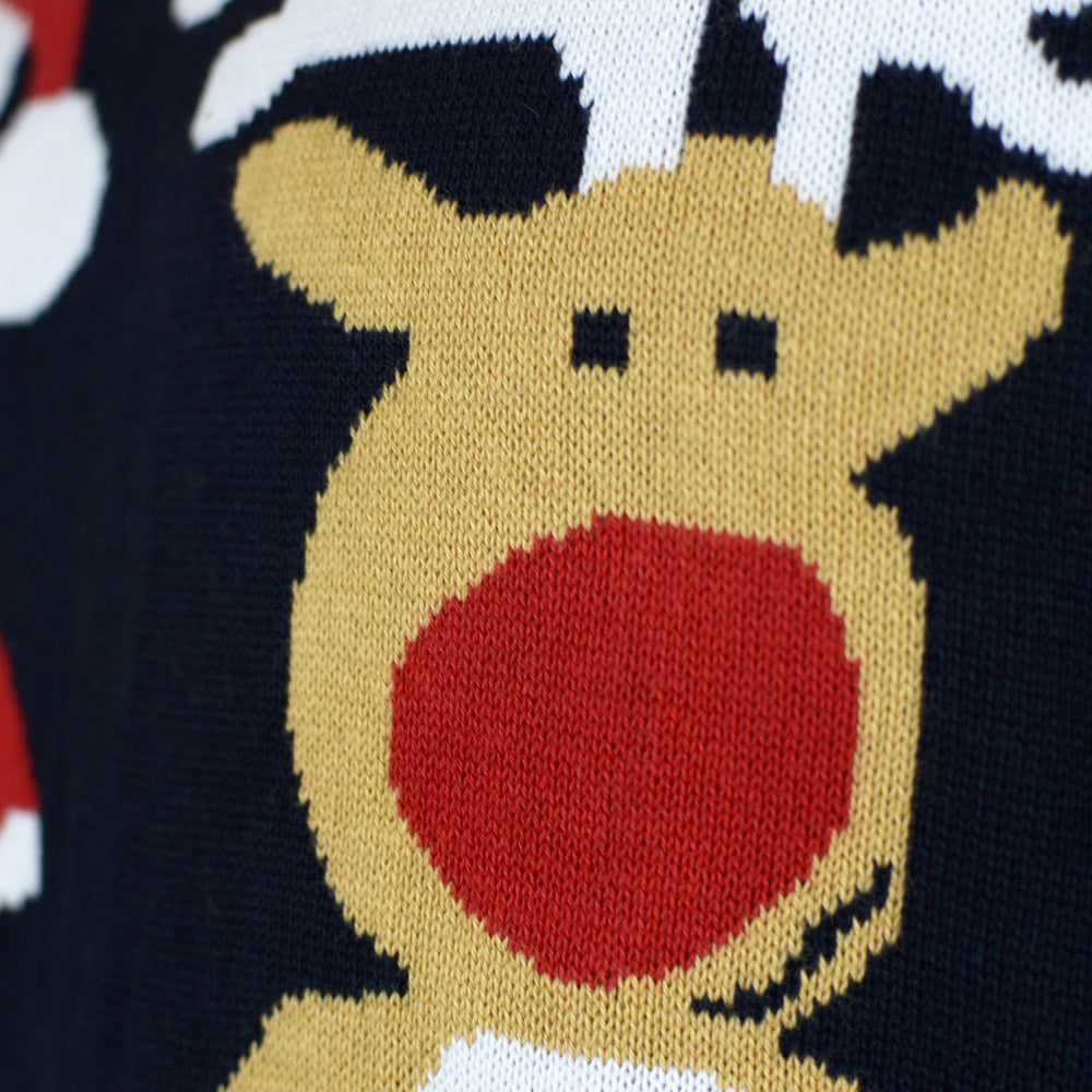 Camisola de Natal Azul con Pai Natal e Rena Rudolph Detalhe